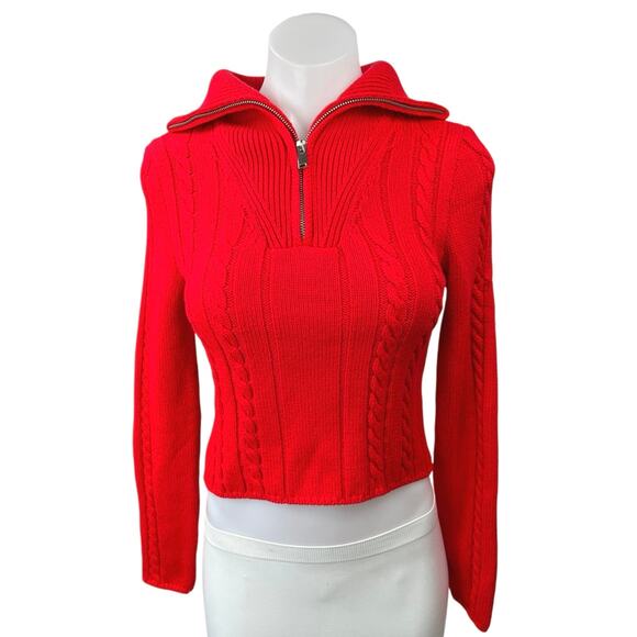 Zara Red Cable Knit 1/4 Zip High Neck Collared Long Sleeve Crop Sweater Top Sz S - Picture 1 of 5
